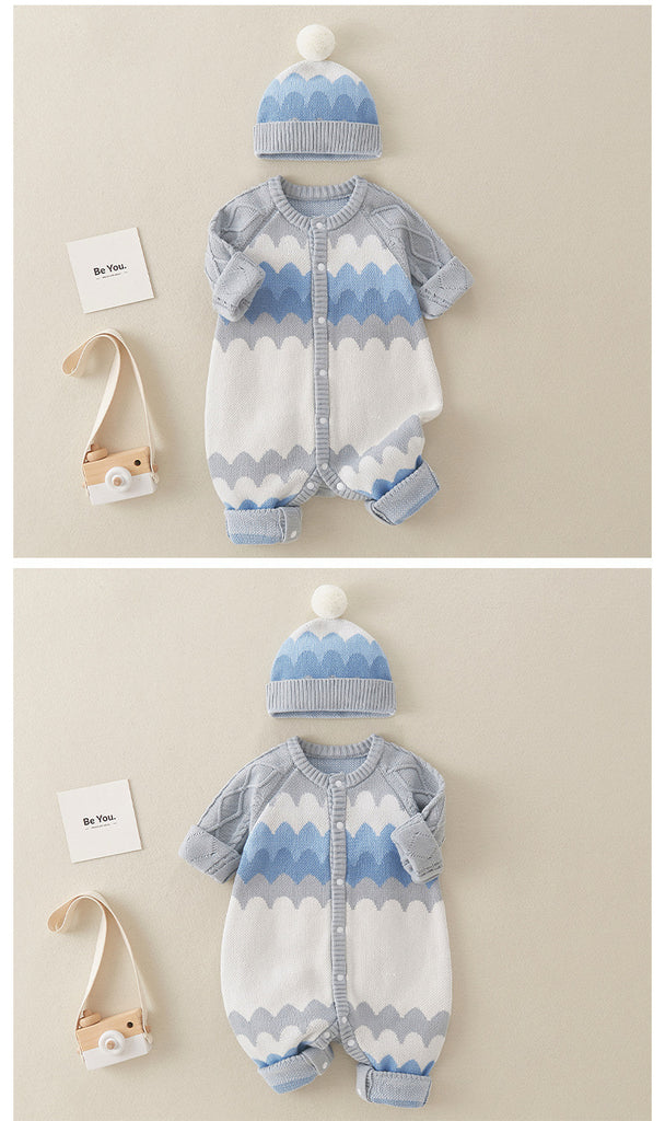 Baby Boys 0-18M Contrast Knitting Jumpsuit & Hairball Hats  Baby Clothing Knitwear