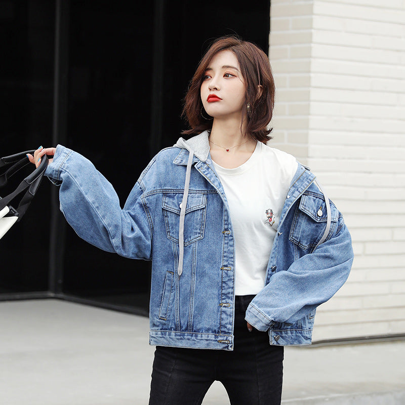 Vintage style Loose-fitting Hoodies Casual Denim jacket