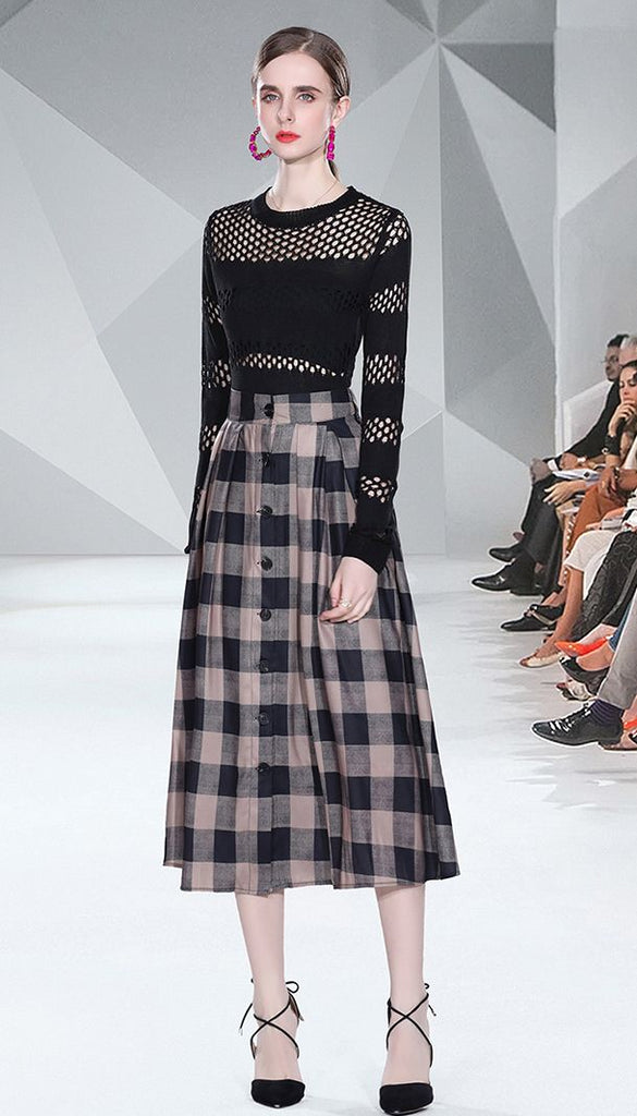 Hollow Out Fashion Sexy Top+Grid Printing Tall Waist Skirt