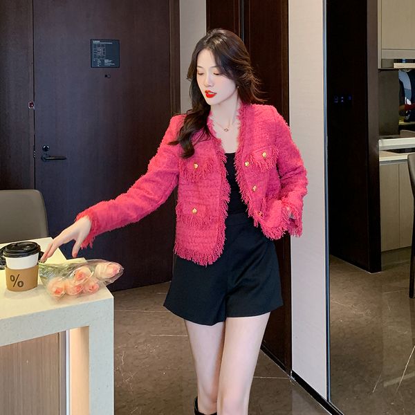 New style high-end rose red tweed temperament ladies short coat