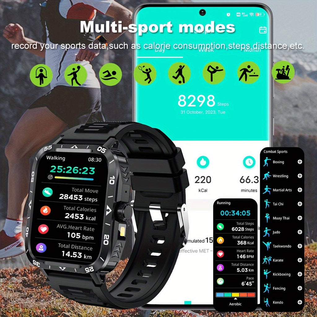 Smartwatch for Men Outdoor Sports - 4.95cm Full Touch Display, Built-in Flashlight & LED Lighting, 100+ Modes, Multi-Language Support, Call & Message Alerts, Compatible for iPhone & for Android FS