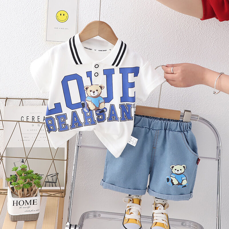 9M-4Y Toddler Boy Sets Short-Sleeved Letter Bear Print Lapel Top And Shorts Boys Clothing SETS