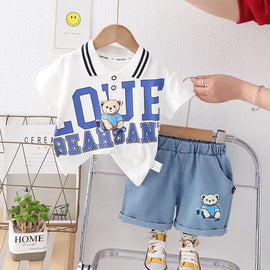 9M-4Y Toddler Boy Sets Short-Sleeved Letter Bear Print Lapel Top And Shorts Boys Clothing SETS