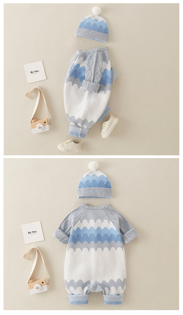 Baby Boys 0-18M Contrast Knitting Jumpsuit & Hairball Hats  Baby Clothing Knitwear