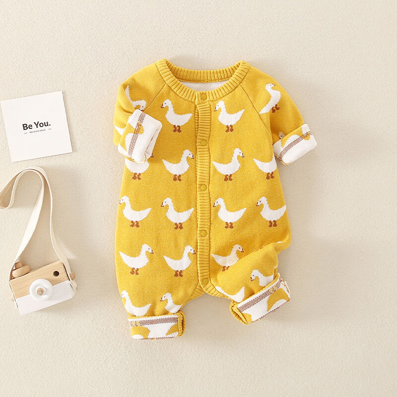 Baby 0-18M Duck Print Knitted Button Jumpsuit Baby Clothing  Knitwear