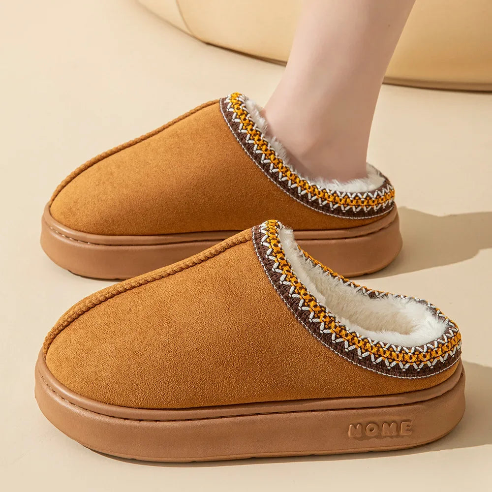 New Women Solid Color Imitation Deer Skin Velvet Spliced Home Slippers Thick Bottom Non Slip Lightweight Warm Cotton Slippers