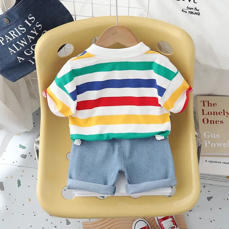 Summer Hot Sale Of The Season New Dinosaur Collar Short Sleeve Denim Five-Point Pants Two-Piece Set for Boys Sporty Style Childr