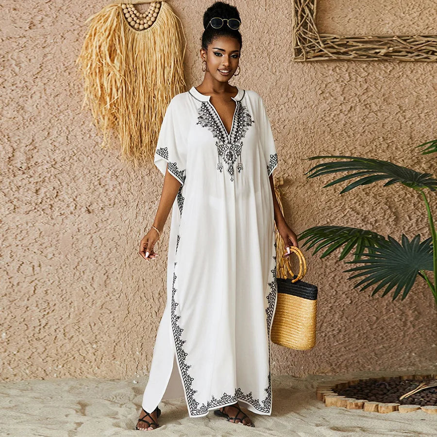 Kaftan Dresses Bathing Suit for Women Swimsuit Coverup Plus Size Beach Caftan Cover Ups for Swimwear Embroidery