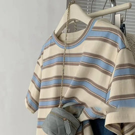 Fashion Striped Short Sleeved T-shirt Women Spring Summer Loose Versatile Top Retro O-neck Casual Harajuku Student Tee