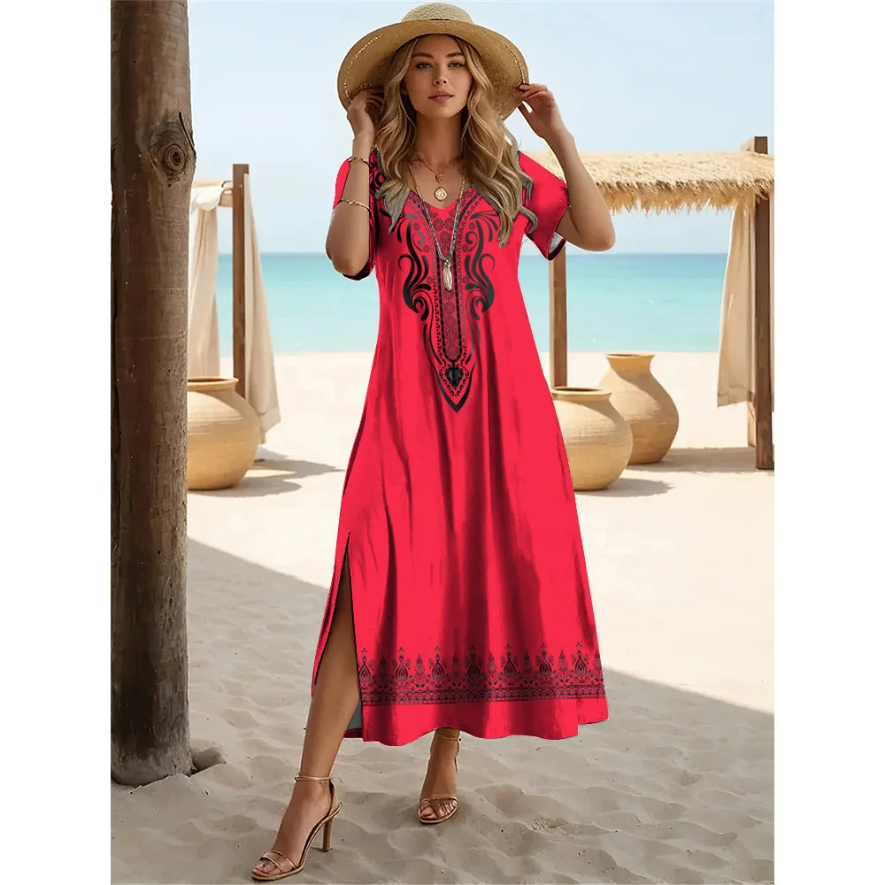 Summer Slit Short Sleeves Long Dress Women's Bohemian Simplicity Print Dresses Solid Color V-Neck Pullover Streetwear Clothing