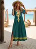 Summer Slit Short Sleeves Long Dress Women's Bohemian Simplicity Print Dresses Solid Color V-Neck Pullover Streetwear Clothing