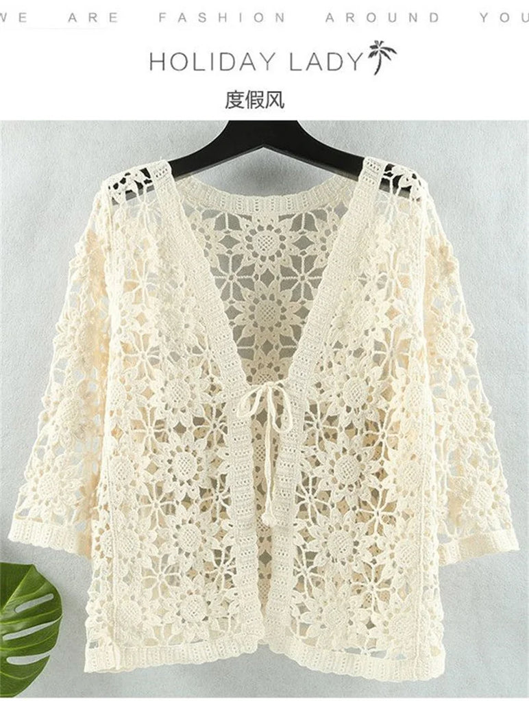 Cotton Openwork Knitted Sunscreen Clothing Women's Summer Tide Loose Cardigan V-neck and Cropped Sleeve air Conditioning Shirt