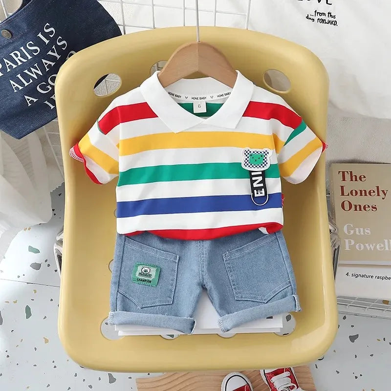 Summer Hot Sale Of The Season New Dinosaur Collar Short Sleeve Denim Five-Point Pants Two-Piece Set for Boys Sporty Style Childr