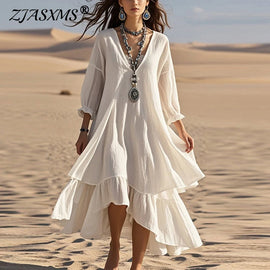 New Spring Solid Cotton Linen Casual Dress for Ladies V Neck Ruffle Irregular Long Dress Women Long Sleeve Loose Boho Maxi Dress