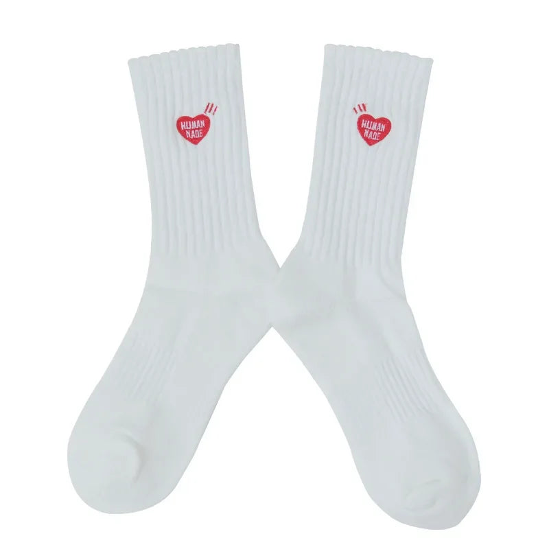 Couple Socks Same Style Balwenle European Fashionable Embroidered Heart Mid Calf Sports Socks Thick Line Knit Men's Socks