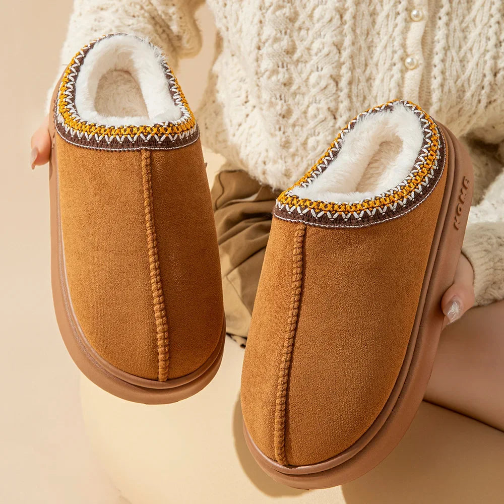 New Women Solid Color Imitation Deer Skin Velvet Spliced Home Slippers Thick Bottom Non Slip Lightweight Warm Cotton Slippers