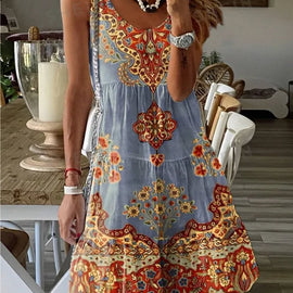 2024 AliExpress Europe and the United States Cross Border Summer Print Sleeveless V-Neck Vest Fashion Resort Print Dress Women