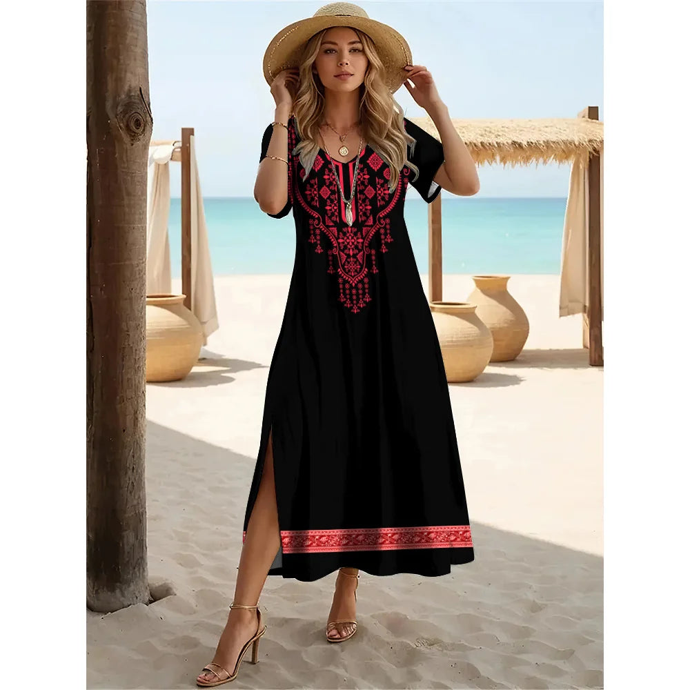 Summer Slit Short Sleeves Long Dress Women's Bohemian Simplicity Print Dresses Solid Color V-Neck Pullover Streetwear Clothing