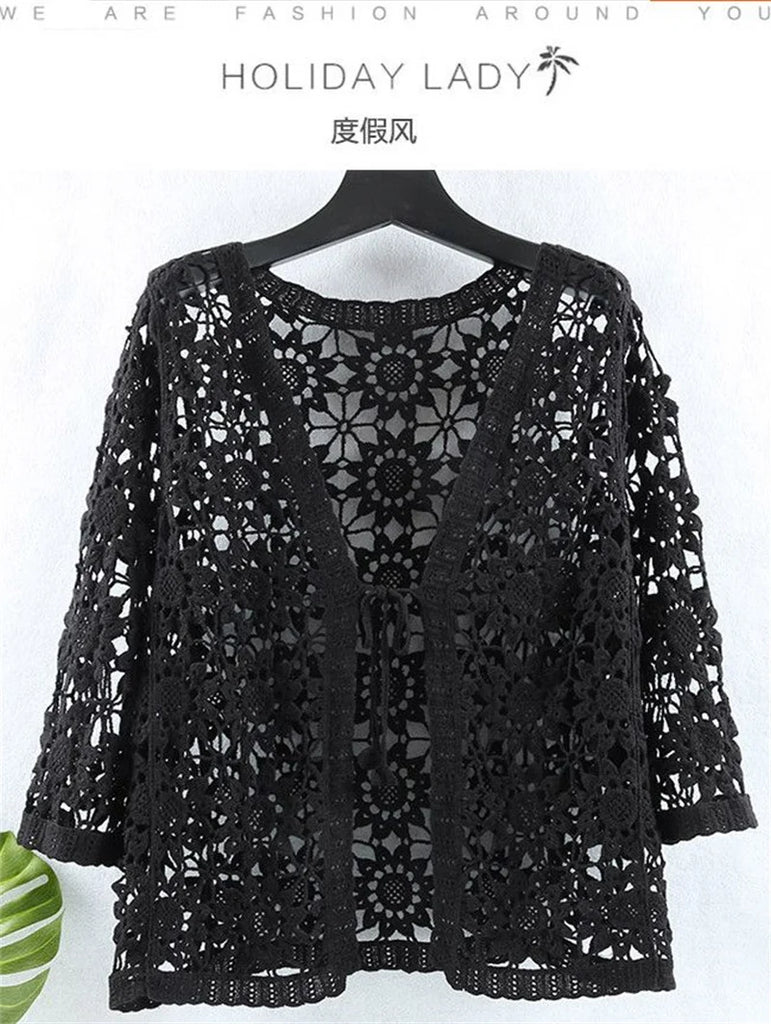 Cotton Openwork Knitted Sunscreen Clothing Women's Summer Tide Loose Cardigan V-neck and Cropped Sleeve air Conditioning Shirt