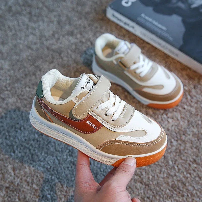 Children's Spring New Leather Upper Sneakers Middle Large Children's Casual Shoes Boys and Girls Soft Sole Students Tennis Shoes