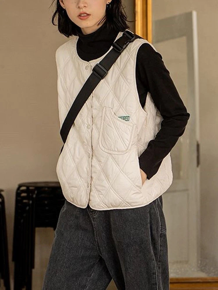 Autumn Winter Cotton Vest Women Vintage Plaid Sleeveless Jacket Female Warm V Neck Padded Coat Ladies Casual Loose Unisex Vests