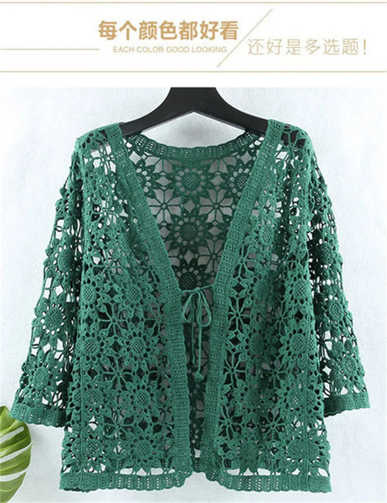 Cotton Openwork Knitted Sunscreen Clothing Women's Summer Tide Loose Cardigan V-neck and Cropped Sleeve air Conditioning Shirt
