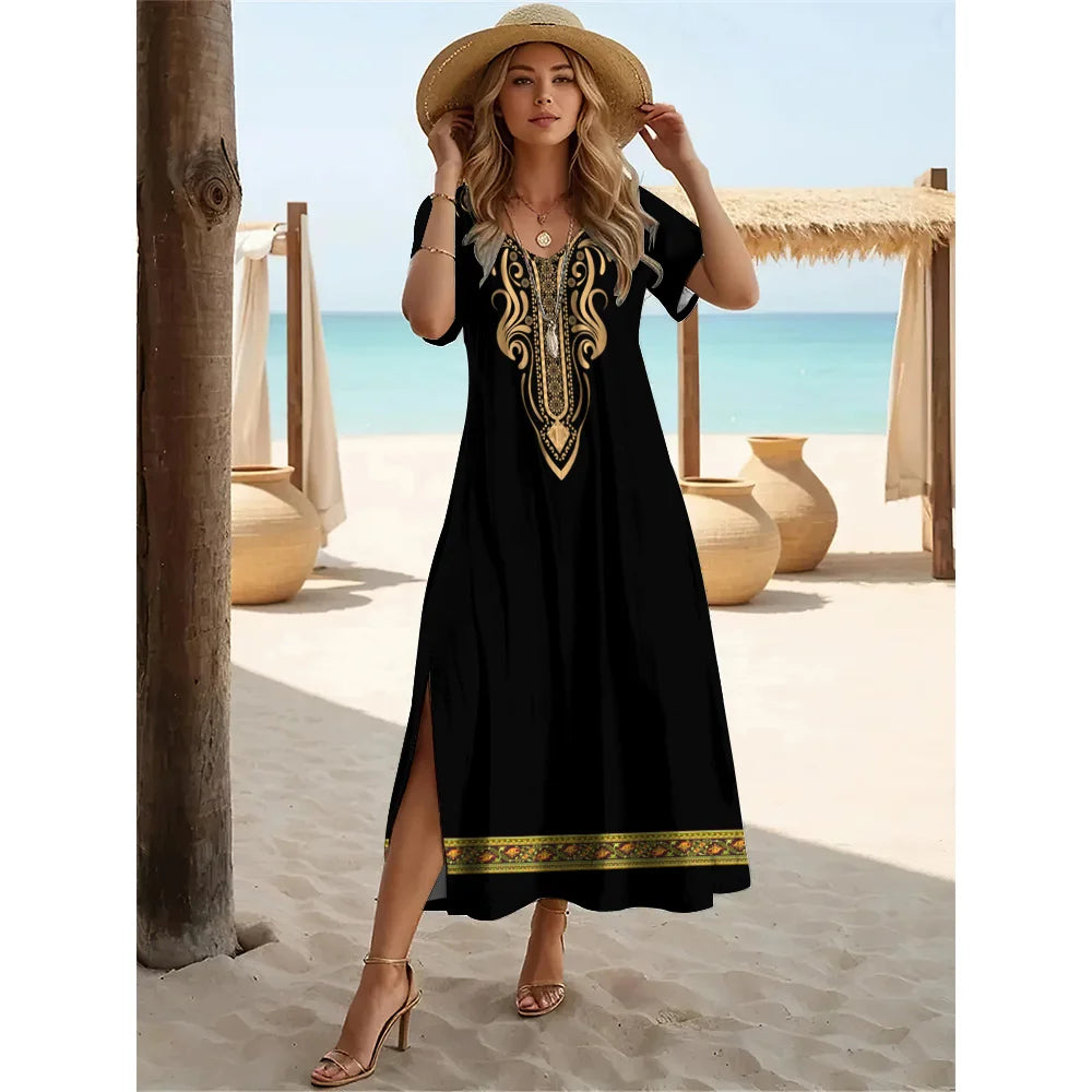Summer Slit Short Sleeves Long Dress Women's Bohemian Simplicity Print Dresses Solid Color V-Neck Pullover Streetwear Clothing
