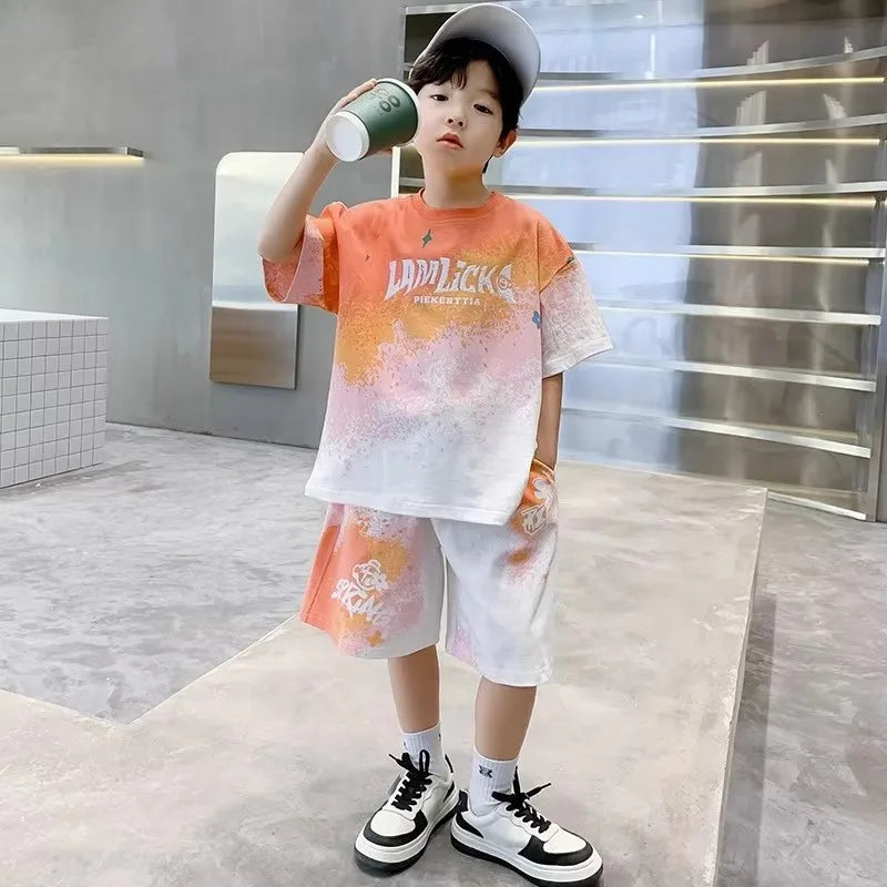 Summer Boys Sets Kids Basketball Sports Suit New Children's Fashion Loose Outfit Baby Short-Sleeved Top Shorts 2 Piece 2-14 Year