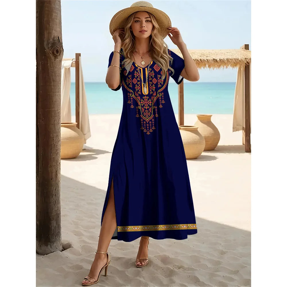 Summer Slit Short Sleeves Long Dress Women's Bohemian Simplicity Print Dresses Solid Color V-Neck Pullover Streetwear Clothing
