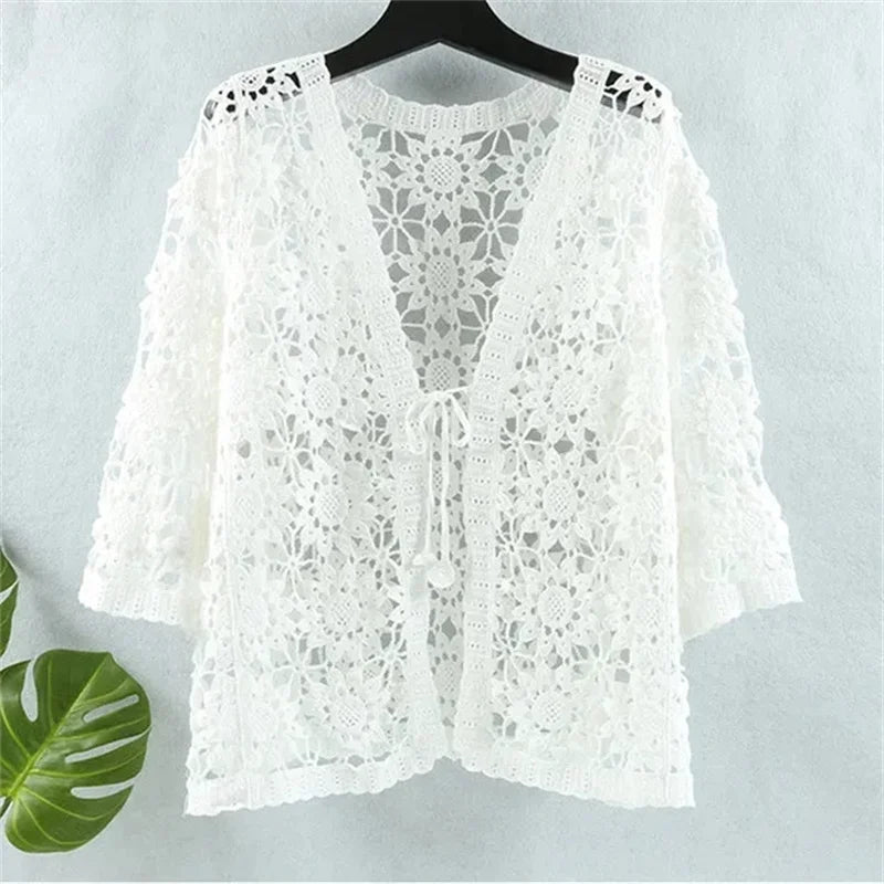 Cotton Openwork Knitted Sunscreen Clothing Women's Summer Tide Loose Cardigan V-neck and Cropped Sleeve air Conditioning Shirt
