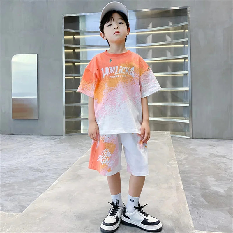 Summer Boys Sets Kids Basketball Sports Suit New Children's Fashion Loose Outfit Baby Short-Sleeved Top Shorts 2 Piece 2-14 Year