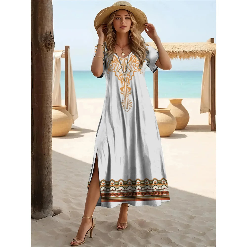 Summer Slit Short Sleeves Long Dress Women's Bohemian Simplicity Print Dresses Solid Color V-Neck Pullover Streetwear Clothing