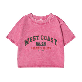 Womans Cotton Crop Tees Trend O-Neck Distressed Washed T-Shirts West Coast Usa North Carolina Prints Short Sleeve Street Clothes