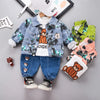 Korean Style Spring Summer Casual Children's Clothing Set Boys' Long Sleeve Denim Print Bear Three-piece Suit for Kids