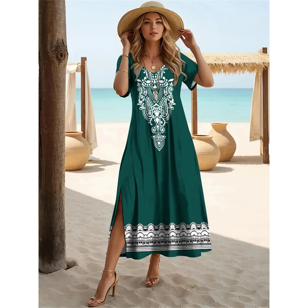 Summer Slit Short Sleeves Long Dress Women's Bohemian Simplicity Print Dresses Solid Color V-Neck Pullover Streetwear Clothing
