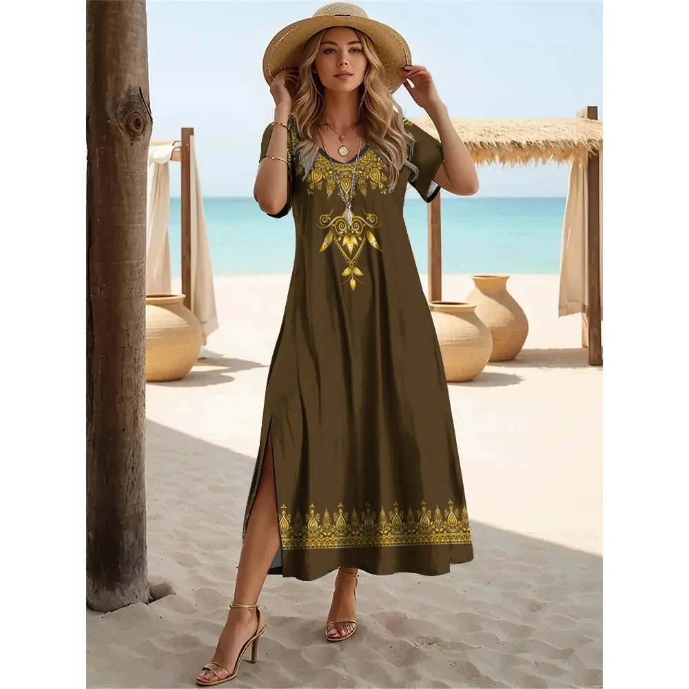 Summer Slit Short Sleeves Long Dress Women's Bohemian Simplicity Print Dresses Solid Color V-Neck Pullover Streetwear Clothing