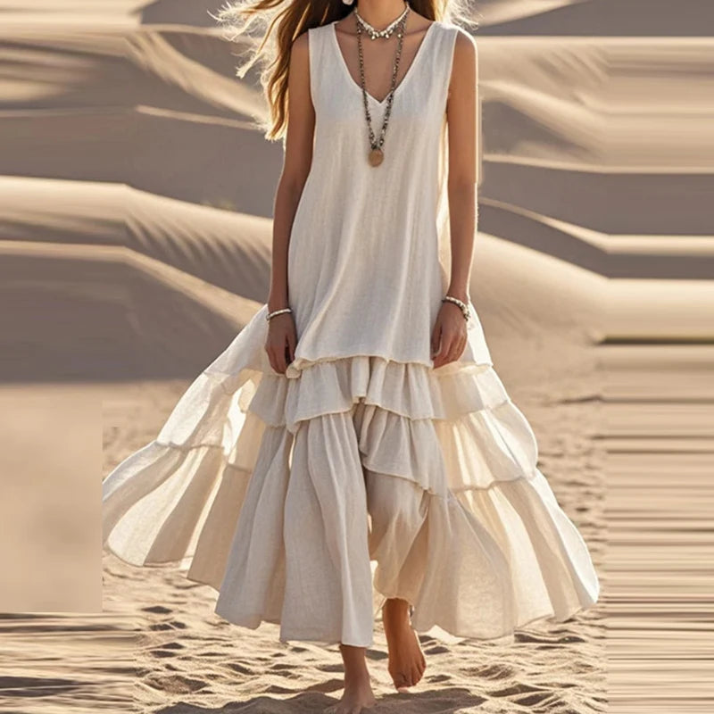 2025 Summer New Cotton and Linen Loose Long Skirt Fashion Women's Dress Retro Women's V-neck Pocket Party Long Skirt