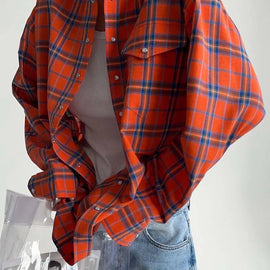 Oymimi Elegant Orange Pockets Women Shirts Fashion Long Sleeve Single Breasted Blouses Casual Turn-Down Collar Plaid Print Shirt