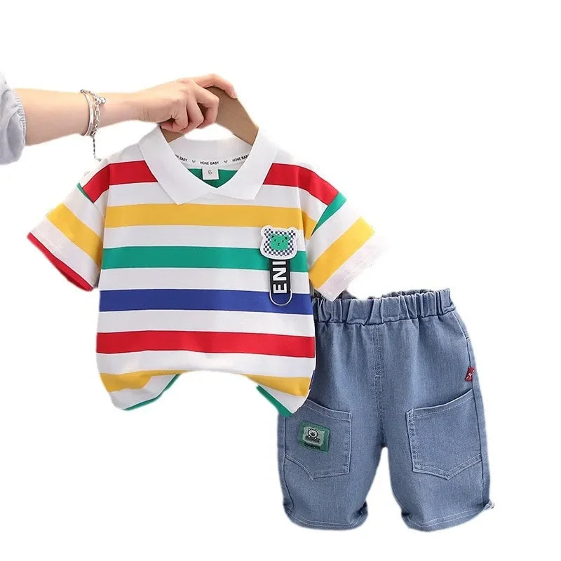 Summer Hot Sale Of The Season New Dinosaur Collar Short Sleeve Denim Five-Point Pants Two-Piece Set for Boys Sporty Style Childr