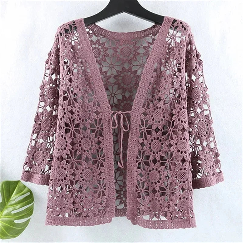 Cotton Openwork Knitted Sunscreen Clothing Women's Summer Tide Loose Cardigan V-neck and Cropped Sleeve air Conditioning Shirt