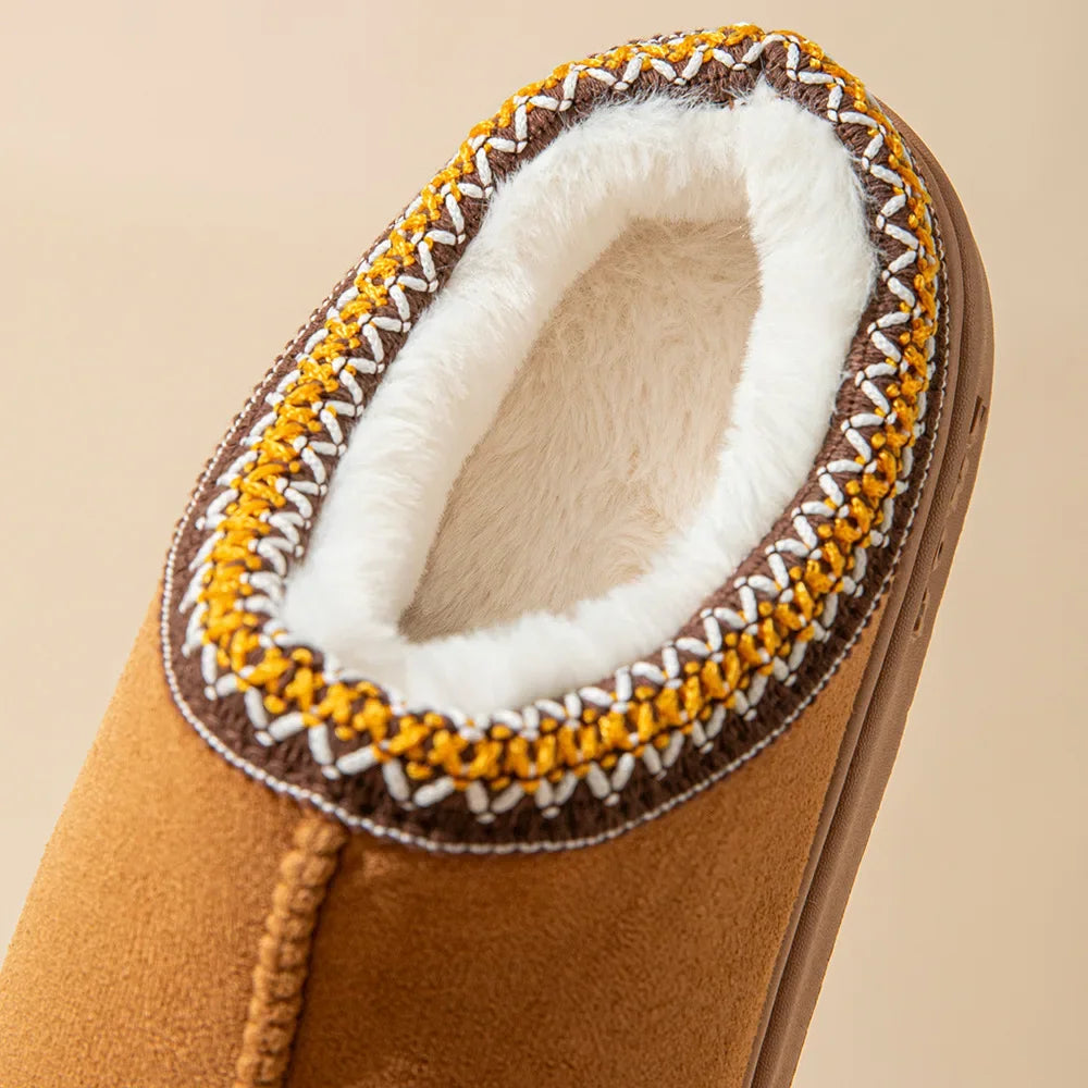 New Women Solid Color Imitation Deer Skin Velvet Spliced Home Slippers Thick Bottom Non Slip Lightweight Warm Cotton Slippers