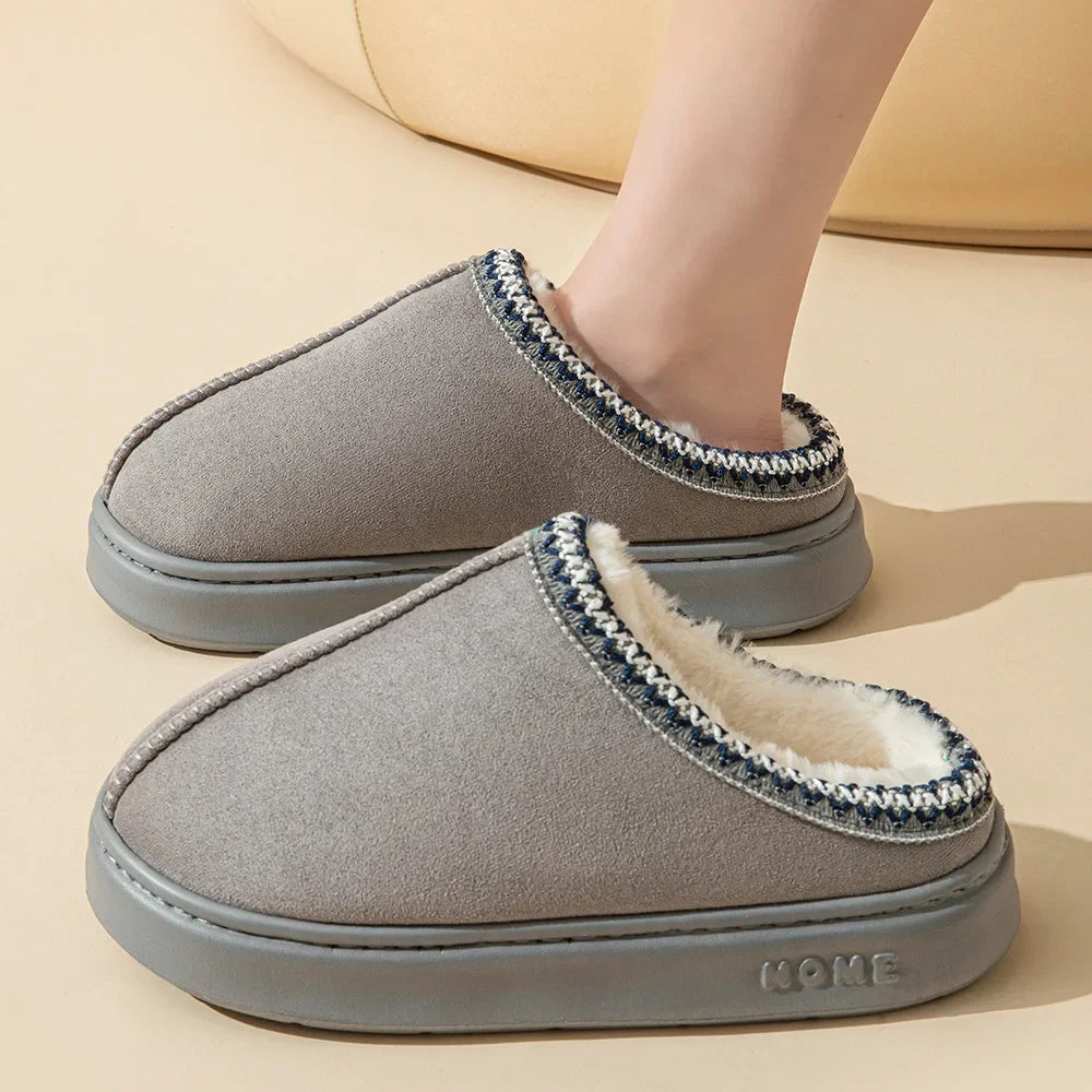 New Women Solid Color Imitation Deer Skin Velvet Spliced Home Slippers Thick Bottom Non Slip Lightweight Warm Cotton Slippers