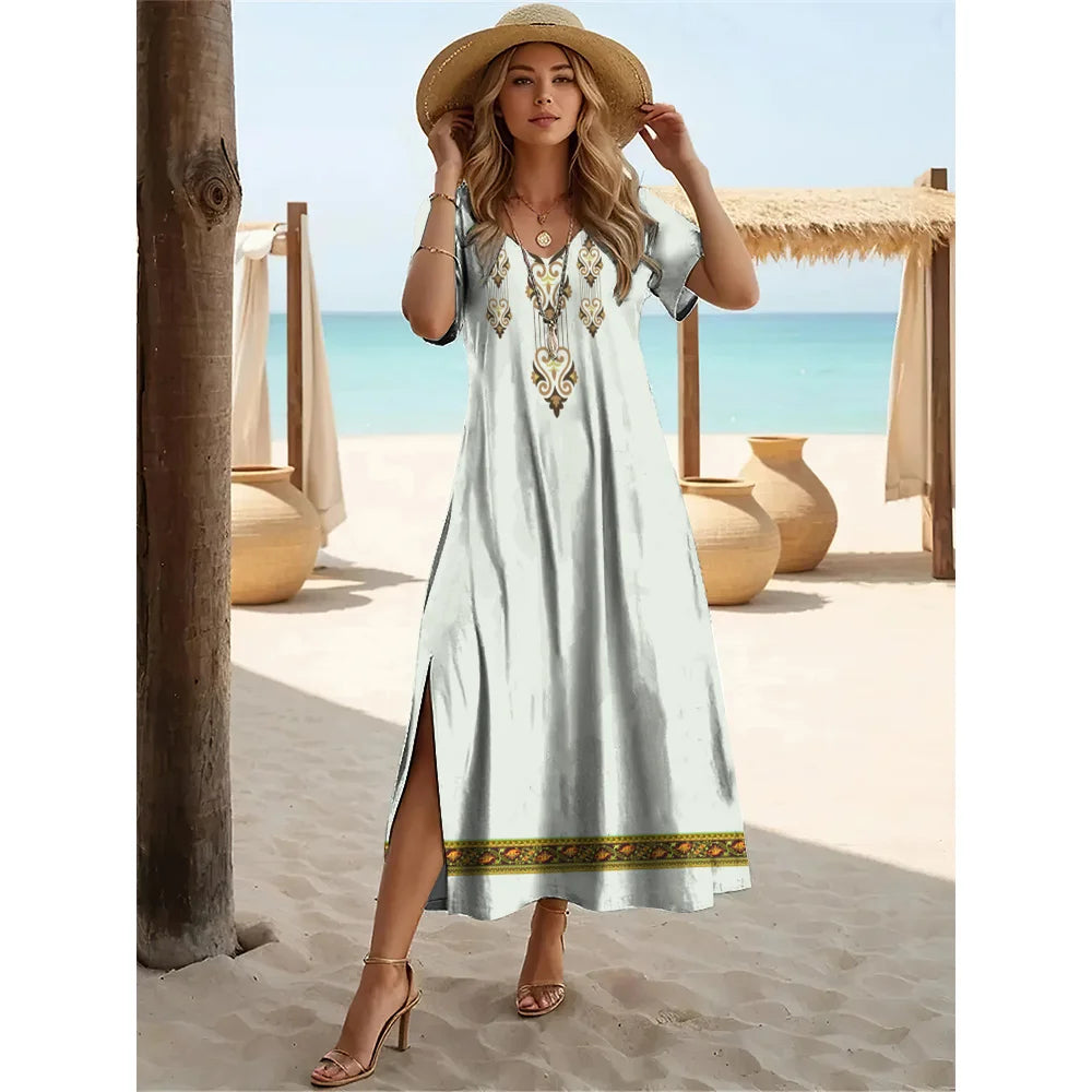 Summer Slit Short Sleeves Long Dress Women's Bohemian Simplicity Print Dresses Solid Color V-Neck Pullover Streetwear Clothing