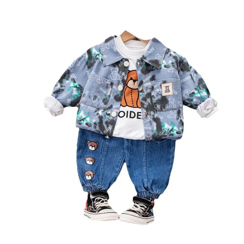 Korean Style Spring Summer Casual Children's Clothing Set Boys' Long Sleeve Denim Print Bear Three-piece Suit for Kids