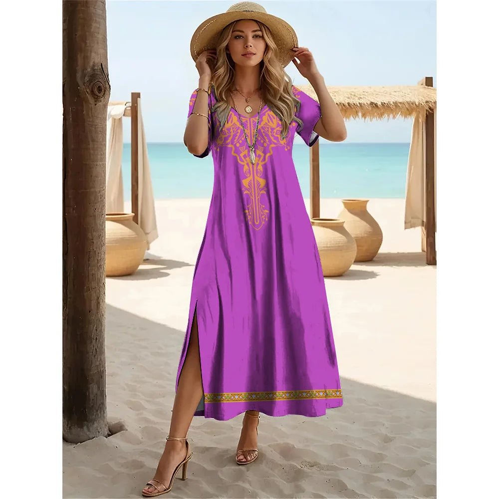 Summer Slit Short Sleeves Long Dress Women's Bohemian Simplicity Print Dresses Solid Color V-Neck Pullover Streetwear Clothing