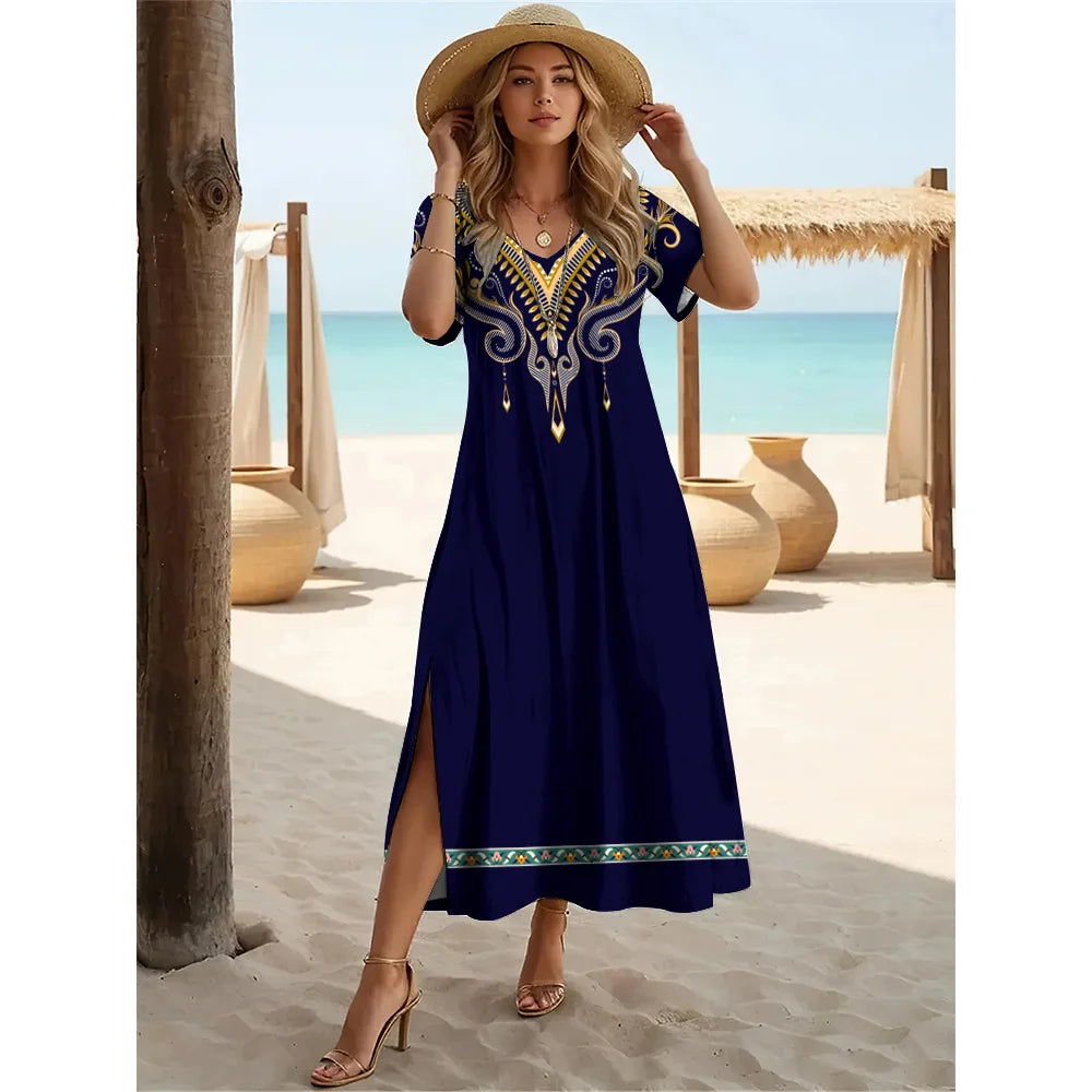 Summer Slit Short Sleeves Long Dress Women's Bohemian Simplicity Print Dresses Solid Color V-Neck Pullover Streetwear Clothing