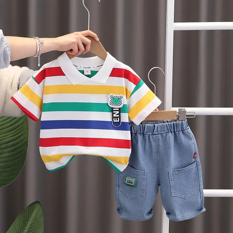 Summer Hot Sale Of The Season New Dinosaur Collar Short Sleeve Denim Five-Point Pants Two-Piece Set for Boys Sporty Style Childr