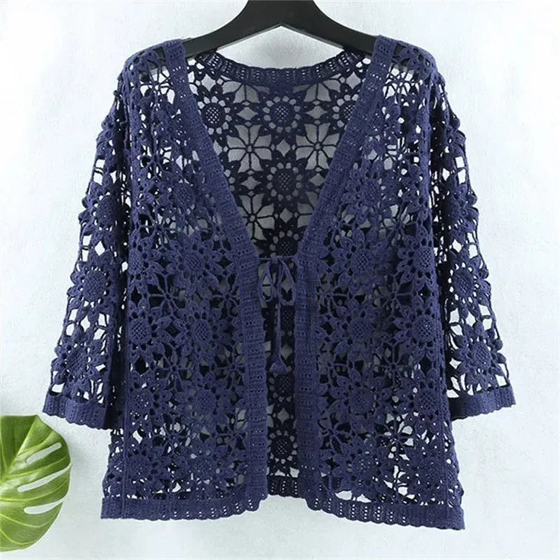 Cotton Openwork Knitted Sunscreen Clothing Women's Summer Tide Loose Cardigan V-neck and Cropped Sleeve air Conditioning Shirt