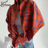Oymimi Elegant Orange Pockets Women Shirts Fashion Long Sleeve Single Breasted Blouses Casual Turn-Down Collar Plaid Print Shirt