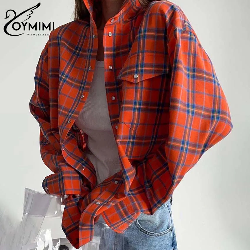 Oymimi Elegant Orange Pockets Women Shirts Fashion Long Sleeve Single Breasted Blouses Casual Turn-Down Collar Plaid Print Shirt
